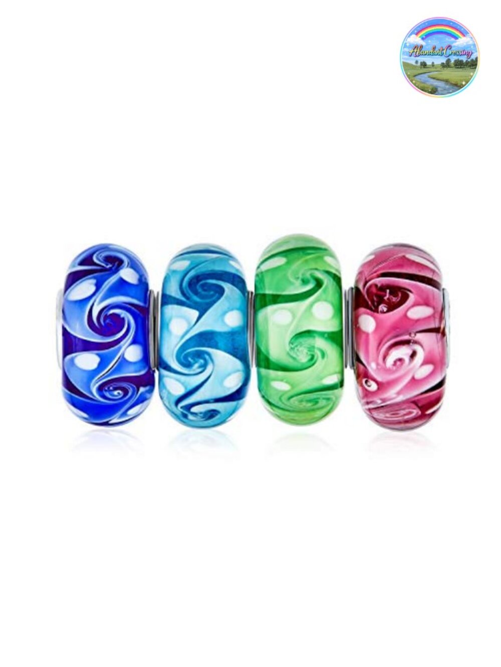 Murano Glass Ocean Wave Swirl Charm Bead .925 Sterling Silver Set of 4